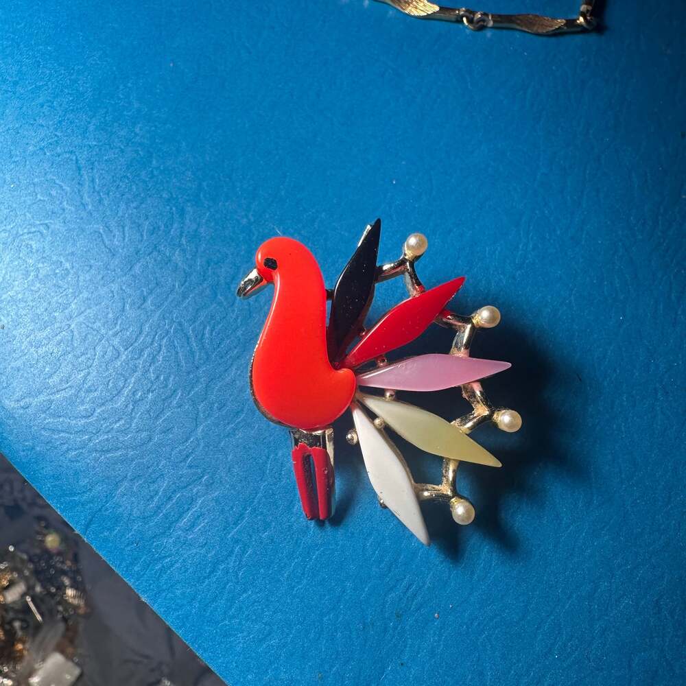 Vintage Red Rhinestone Bird Brooch